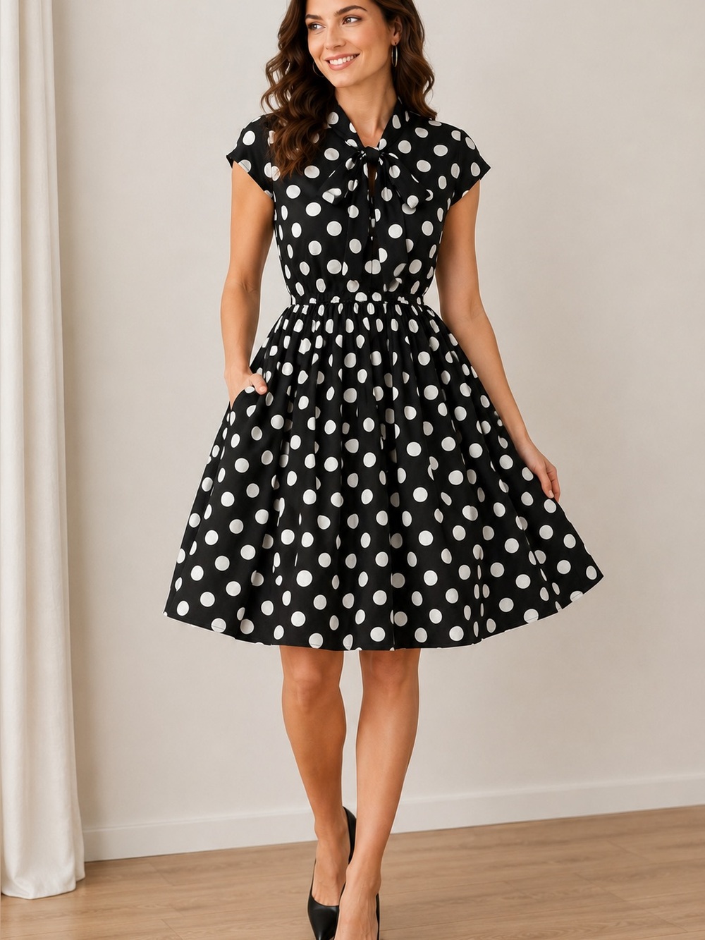 ModCloth Black White Polka Dot Fit & Flare Tie Neck Cotton Blend Dress M